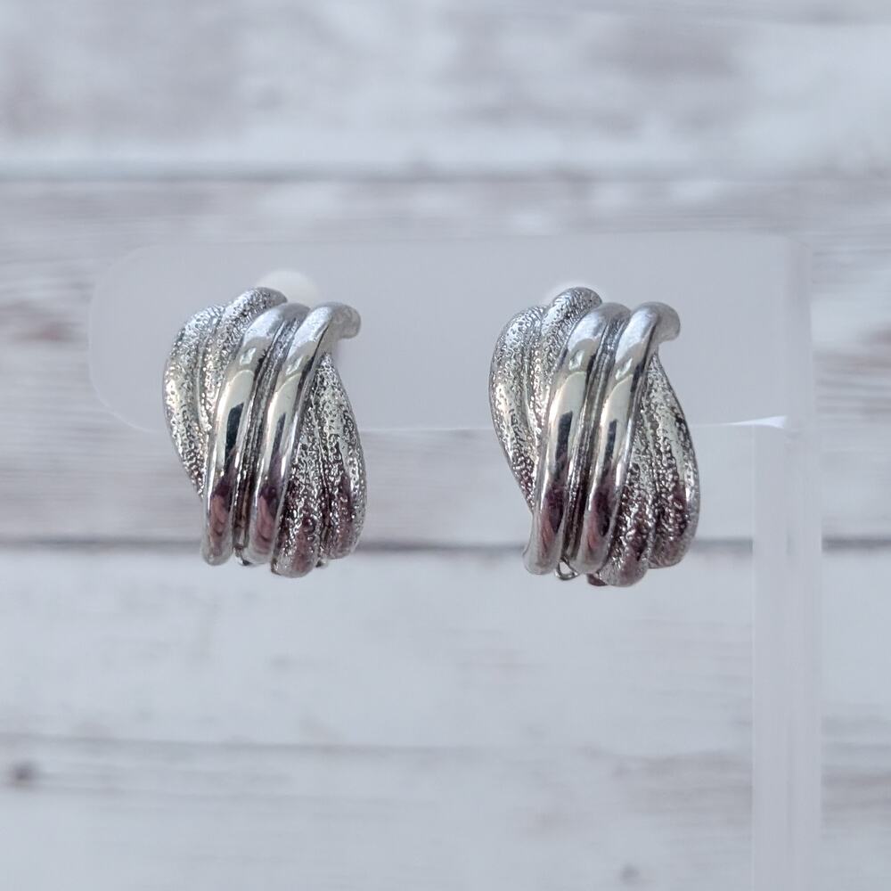 Vintage Clip On Earrings Stunning Chunky Silver Tone Large Statement